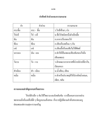 ๑๐๒
คาศัพท์ คาอ่านและความหมาย
คา คาอ่าน ความหมาย
กระชั้น กระ - ชั้น ว.ใกล้เข้ามา, เร่ง
ไก่แจ้ ไก่ - แจ้ น.ชื่อไก่ชนิดหนึ่งตัวเล็กเตี้ย
ขัน ขัน ก.อาการร้องของไก่
ซ้อง ซ้อง ก.เสียงร้องพร้อม ๆ กัน
แซ่ แซ่ ก.เสียงอื้ออึงจนฟังไม่ได้ศัพท์
บรรเลง บัน - เลง ก.ทาให้เป็นเพลง(เสียงขันของไก่ดั่ง
เสียงเพลง)
วังเวง วัง - เวง ว.ลักษณะบรรยากาศที่น่าเปล่าเปลี่ยวใจ,
เงียบเหงา
สาเนียง สา - เนียง น.น้าเสียง, เสียง
หมั่น หมั่น ก.ทาหรือประพฤติให้ปรกติสม่าเสมอ,
เพียร, ขยัน
ความหมายสาคัญจากบทร้อยกรอง
ไก่แจ้ตัวเล็ก ๆ ขันได้ไพเราะและยังขยันขัน เราเป็นคนควรเอาอย่าง
พยายามนึกถึงแต่สิ่งที่ดี ๆ ที่ครูอบรมสั่งสอน ถ้าเราปฏิบัติตามคาสั่งสอนของครู
ย่อมพบแต่ความสุข ความเจริญ
 