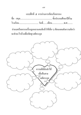 ๘๗
แบบฝึกที่ ๕ การอ่านการเขียนร้อยกรอง
ชื่อ – สกุล........................................................... ชั้นประถมศึกษาปีที่ ๒
โรงเรียน.................................... วันที่........เดือน......................พ.ศ..........
อ่านบทร้อยกรองเรื่องลูกหลานคนดีแล้วให้เด็ก ๆ เขียนแผนผังความคิดว่า
จะทาอะไรบ้างเพื่อเชิดชูวงศ์ตระกูล
ความดีที่ฉันทาได้
เพื่อสืบสาย
วงศ์ตระกูล
 