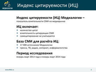 Индекс цитируемости (ИЦ)
Индекс цитируемости (ИЦ) Медиалогии –
показатель влиятельности СМИ на медиарынке
ИЦ включает:
количество цитат
влиятельность цитирующих СМИ
самоцитирование не учитывается
База СМИ для расчёта ИЦ:
17 400 источников Медиалогии
пресса, ТВ, радио, интернет, информагентства
Период исследования
январь-март 2013 года и январь-март 2014 года
2www.MLG.ru
 