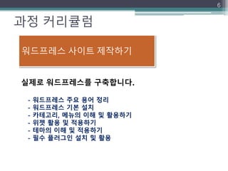 과정 커리큘럼
6
실제로 워드프레스를 구축합니다.
- 워드프레스 주요 용어 정리
- 워드프레스 기본 설치
- 카테고리, 메뉴의 이해 및 활용하기
- 위젯 활용 및 적용하기
- 테마의 이해 및 적용하기
- 필수 플러그인 설치 및 활용
워드프레스 사이트 제작하기
 