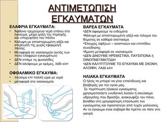 ΑΝΤΙΜΕΤΩΠΙΣΗΑΝΤΙΜΕΤΩΠΙΣΗ
ΕΓΚΑΥΜΑΤΩΝΕΓΚΑΥΜΑΤΩΝ
ΕΛΑΦΡΙΑ ΕΓΚΑΥΜΑΤΑ:
• Άφθονο τρεχούμενο νερό επάνω στο
έγκαυμα, μέχρι ψύξη της περιοχής
και υποχώρηση του πόνου
• Κάλυψη με αποστειρωμένη γάζα και
στερέωσή της χωρίς εφαρμογή
πίεσης
• Μεταφορά σε νοσοκομείο (εκτός των
πολύ ελαφρών εγκαυμάτων)
• ΔΕΝ σπάμε τις φυσαλίδες
• ΔΕΝ αλείφουμε με κρέμες, λάδι κλπ
ΟΦΘΑΛΜΙΚΟ ΕΓΚΑΥΜΑ:
• πλύσιμο επί πολλή ώρα με νερό
• μεταφορά στο νοσοκομείο
ΒΑΡΕΑ ΕΓΚΑΥΜΑΤΑ
•ΔΕΝ αφαιρούμε τα ενδύματα
•Κάλυψη με αποστειρωμένη γάζα και τύλιγμα του
θύματος σε καθαρό σκέπασμα
•Έλεγχος σφίξεων – αναπνοών και επιπέδου
συνείδησης
•Άμεση μεταφορά σε νοσοκομείο
•ΔΕΝ ΔΙΝΟΥΜΕ ΗΡΕΜΙΣΤΙΚΑ, ΠΑΥΣΙΠΟΝΑ ή
ΟΙΝΟΠΝΕΥΜΑΤΩΔΗ
•ΔΕΝ ΚΑΛΥΠΤΟΥΜΕ ΤΟ ΕΓΚΑΥΜΑ ΜΕ ΣΚΟΝΗ,
ΑΛΟΙΦΗ, ΛΑΔΙ κλπ
ΗΛΙΑΚΑ ΕΓΚΑΥΜΑΤΑ
Ο ήλιος τα μπορεί να γίνει επικίνδυνος και
βλαβερός για την υγεία μας.
Σε περίπτωση ηλιακού εγκαύματος
χρησιμοποιήστε ενυδατική λοσιόν ή σκεύασμα
υδρογέλης που δροσίζει, ανακουφίζει τον πόνο,
βοηθάει στη γρηγορότερη επούλωση του
εγκαύματος και προστατεύει από τυχόν μολύνσεις.
Αν το έγκαυμα είναι σοβαρό θα πρέπει να πάτε στο
γιατρό.
 