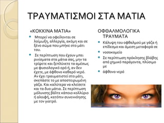 ΤΡΑΥΜΑΤΙΣΜΟΙ ΣΤΑ ΜΑΤΙΑΤΡΑΥΜΑΤΙΣΜΟΙ ΣΤΑ ΜΑΤΙΑ
«ΚΟΚΚΙΝΑ ΜΑΤΙΑ»
 Μπορεί να οφείλονται σε
λοίμωξη, αλλεργία, ακόμη και σε
ξένο σώμα που μπήκε στο μάτι
του.
  Σε περίπτωση που έχουν μπει
ρινίσματα στα μάτια σας, μην τα
τρίψετε και ξεπλύνετε τα αμέσως
με φυσιολογικό ορό ή, αν δεν
έχετε, με άφθονο καθαρό νερό.
Αν έχει τραυματιστεί στο μάτι,
σκεπάστε το με αποστειρωμένη
γάζα. Και καλύτερα να κλείσετε
και τα δυο μάτια. Σε περίπτωση
μόλυνσης βάλτε κάποιο κολλύριο
ή αλοιφή, κατόπιν συνεννόησης
με τον γιατρό.
ΟΦΘΑΛΜΟΛΟΓΙΚΑ
ΤΡΑΥΜΑΤΑ
 Κάλυψη του οφθαλμού με γάζα ή
επίδεσμο και άμεση μεταφορά σε
 νοσοκομείο
 Σε περίπτωση πρόκλησης βλάβης
από χημικό παράγοντα, πλύσιμο
με
 άφθονο νερό
 