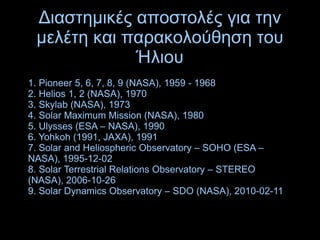Διαστημικές αποστολές για την
μελέτη και παρακολούθηση του
Ήλιου
1. Pioneer 5, 6, 7, 8, 9 (NASA), 1959 - 1968
2. Helios 1, 2 (NASA), 1970
3. Skylab (NASA), 1973
4. Solar Maximum Mission (NASA), 1980
5. Ulysses (ESA – NASA), 1990
6. Yohkoh (1991, JAXA), 1991
7. Solar and Heliospheric Observatory – SOHO (ESA –
NASA), 1995-12-02
8. Solar Terrestrial Relations Observatory – STEREO
(NASA), 2006-10-26
9. Solar Dynamics Observatory – SDO (NASA), 2010-02-11
 