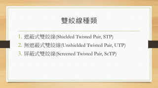 pgN
1. ڱʽpg(Shielded Twisted Pair, STP)
2. oڱʽpg(Unshielded Twisted Pair, UTP)
3. ʽpg(Screened Twisted Pair, ScTP)
 