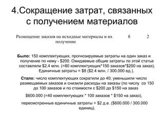 4.Сокращение затрат, связанных
с получением материалов
Было: 150 комплектующих, прогнозируемые затраты на один заказ и
получение по нему - $200. Ожидаемые общие затраты по этой статье
составляли $2.4 млн. (=80 комплектующих*150 заказов*$200 на заказ),
Единичные затраты = $8 ($2.4 млн. / 300.000 ед.).
Стало: число комплектующих сократили до 40; уменьшили число
размещаемых заказов и снизили расходы на заказы (по числу со 150
до 100 заказов и по стоимости с $200 до $150 на заказ
$600.000 (=40 комплектующих * 100 заказов * $150 на заказ),
пересмотренные единичные затраты = $2 д.е. ($600.000 / 300.000
единиц).
Размещение заказов на исходные материалы и их
получение
8 2
 