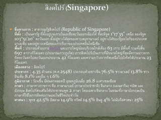  ชื่อทางการ : สาธารณรัฐสิงคโปร์ (Republic of Singapore)
ที่ตั้ง : เป็นนครรัฐ ที่ตั้งอยู่บนเกาะในเอเชียตะวันออกเฉียงใต้ ที่ละติจูด 1°17'35" เหนือ ลองจิจูด
103°51'20" ตะวันออก ตั้งอยู่ทางใต้สุดของคาบสมุทรมาเลย์ อยู่ทางใต้ของรัฐยะโฮร์ของประเทศ
มาเลเซีย และอยู่ทางเหนือของเกาะรีเยาของประเทศอินโดนีเซีย
พื้นที่ : ประกอบด้วยเกาะสิงคโปร์และเกาะใหญ่น้อยบริเวณใกล้เคียง 63 เกาะ มีพื้นที่ รวมทั้งสิ้น
697 ตารางกิโลเมตร (ประมาณเกาะภูเก็ต) เกาะสิงคโปร์เป็นเกาะที่มีขนาดใหญ่ที่สุดมีความยาวจาก
ทิศตะวันตกไปตะวันออกประมาณ 42 กิโลเมตร และความกว้างจากทิศเหนือไปยังทิศใต้ประมาณ 23
กิโลเมตร
เมืองหลวง : สิงคโปร์
ประชากร : 4.35 ล้านคน (พ.ศ.2548) ประกอบด้วยชาวจีน 76.5% ชาวมาเลย์ 13.8% ชาว
อินเดีย 8.1% และอื่น ๆ 1.6%
ภูมิอากาศ : ร้อนชื้น มีฝนตกตลอดปี อุณหภูมิเฉลี่ย 26.8 องศาเซลเซียส
ภาษา : ภาษาทางราชการ คือ ภาษามาเลย์ (ภาษาประจาชาติ) จีนกลาง (แมนดาริน) ทมิฬ และ
อังกฤษ สิงคโปร์ส่งเสริมให้ประชาชนพูด 2 ภาษา โดยเฉพาะจีนกลาง ในขณะที่ภาษาอังกฤษเป็น
ภาษาที่ใช้ในการติดต่องานและในชีวิตประจาวัน
ศาสนา : พุทธ 42.5% อิสลาม 14.9% คริสต์ 14.5% ฮินดู 4% ไม่นับถือศาสนา 25%
 