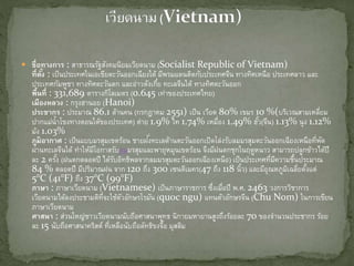  ชื่อทางการ : สาธารณรัฐสังคมนิยม๶วียดȨม (Socialist Republic of Vietnam)
ที่ตั้ง : เป็นประเทศในเอเชียตะวันออกเฉียงใต้ มีพรมแดนติดกับประเทศจีน ทางทิศเหนือ ประเทศลาว และ
ประเทศกัมพูชา ทางทิศตะวันตก และอ่าวตังเกี๋ย ทะเลจีนใต้ ทางทิศตะวันออก
พื้นที่ : 331,689 ตารางกิโลเมตร (0.645 เท่าของประเทศไทย)
เมืองหลวง : กรุงฮานอย (Hanoi)
ประชากร : ประมาณ 86.1 ล้านคน (กรกฎาคม 2551) เป็น เวียด 80% เขมร 10 %(บริเวณสามเหลี่ยม
ปากแม่น้าโขงทางตอนใต้ของประเทศ) ต่าย 1.9% ไท 1.74% เหมื่อง 1.49% ฮั้ว(จีน) 1.13% นุง 1.12%
ม้ง 1.03%
ภูมิอากาศ : เป็นแบบมรสุมเขตร้อน ชายฝั่งทะเลด้านตะวันออกเปิดโล่งรับลมมรสุมตะวันออกเฉียงเหนือที่พัด
ผ่านทะเลจีนใต้ ทาให้มีโอกาสรับลมมรสุมและพายุหมุนเขตร้อน จึงมีฝนตกชุกในฤดูหนาว สามารถปลูกข้าวได้ปี
ละ 2 ครั้ง (ฝนตกตลอดปี ได้รับอิทธิพลจากลมมรสุมตะวันออกเฉียงเหนือ) เป็นประเทศที่มีความชื้นประมาณ
84 % ตลอดปี มีปริมาณฝน จาก 120 ถึง 300 เซนติเมคร(47 ถึง 118 นิ้ว) และมีอุณหภูมิเฉลี่ยตั้งแต่
5°C (41°F) ถึง 37°C (99°F)
ภาษา : ภาษา๶วียดȨม (Vietnamese) เป็นภาษาราชการ ซึ่งเมื่อปี พ.ศ. 2463 วงการวิชาการ
๶วียดȨมได้ลงประชามติที่จะใช้ตัวอักษรโรมัน (quoc ngu) แทนตัวอักษรจีน (Chu Nom) ในการเขียน
ภาษา๶วียดȨม
ศาสนา : ส่วนใหญ่ชาว๶วียดȨมนับถือศาสนาพุทธ นิกายมหายานสูงถึงร้อยละ 70 ของจานวนประชากร ร้อย
ละ 15 นับถือศาสนาคริสต์ ที่เหลือนับถือลัทธิขงจื้อ มุสลิม
 