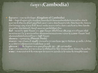  ชื่อทางการ : ราชอาณาจักรกัมพูชา (Kingdom of Cambodia)
ที่ตั้ง : กัมพูชาตั้งอยู่กลางภูมิภาคเอเชียตะวันออกเฉียงใต้ มีพรมแดนทิศเหนือติดกับประเทศไทย (จังหวัด
อุบลราชธานี ศรีสะเกษ สุรินทร์ และบุรีรัมย์) และลาว (แขวง อัตตะปือและจาปาสัก) ทิศตะวันออกติด ๶วียดȨม
(จังหวัดกอนทูม เปลกู ซาลาย ดั๊กลั๊ก ส่องแบ๋ เตยนิน ลองอาน ด่งท๊าบ อันซาง และเกียงซาง) ทิศตะวันตกติด
ประเทศไทย (จังหวัดสระแก้ว จันทบุรี และตราด) และทิศใต้ติดอ่าวไทย
พื้นที่ : ขนาดกว้าง 500 กิโลเมตร ยาว 450 กิโลเมตร มีพื้นที่ทั้งหมด 181,035 ตารางกิโลเมตร หรือมี
ขนาดประมาณ 1 ใน 3 ของประเทศไทย เส้นเขตแดนโดยรอบประเทศยาวประมาณ 2,000 กิโลเมตร โดยมี
เส้นเขตแดนติดต่อกับประเทศไทยยาว 798 กิโลเมตร
เมืองหลวง : กรุงพนมเปญ (Phnom Penh)
ประชากร : 14.1 ล้านคน (ปี 2548) ประกอบด้วย ชาวเขมรร้อยละ 94 ชาวจีนร้อยละ 4 และอื่น ๆ อีกร้อย
ละ 2 มีอัตราการเพิ่มของประชากรเฉลี่ยร้อยละ 2 ต่อปี
ภูมิอากาศ : ร้อนชื้น มีฤดูฝนยาวนาน อุณหภูมิโดยเฉลี่ย 20 - 36 องศาเซลเซียส
ภาษา : ภาษาเขมรเป็นภาษาราชการ ส่วนภาษาที่ใช้โดยทั่วไป ได้แก่ อังกฤษ ฝรั่งเศส ๶วียดȨม จีน และไทย
ศาสนา : ศาสนาประจาชาติ คือ ศาสนาพุทธ นิกายเถรวาท (แยกเป็น 2 นิกายย่อย คือ ธรรมยุตินิกายและ
 