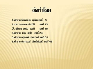 จัดทาโดย
1.เด็กชาย พันธกานต์ บุญยัง เลขที่ 9
2.นาย อรรถพล ทร่างวัติ เลขที่ 13
3. เด็กชาย นคริน วงษ์ภู่ เลขที่ 18
4.เด็กชาย ทวิน ดิสโก เลขที่ 24
5.เด็กชาย กฤตภาส เกษมญาติ เลขที่ 31
6.เด็กชาย ปถกาญจน์ จันทร์แจ่มศรี เลขที่ 46
 