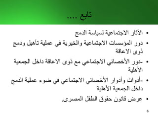 ‫تابع‬....
•‫الدمج‬ ‫لسياسة‬ ‫االجتماعية‬ ‫اآلثار‬
•‫و‬ ‫تأهيل‬ ‫عملية‬ ‫في‬ ‫والخيرية‬ ‫االجتماعية‬ ‫المؤسسات‬ ‫دور‬‫دمج‬
‫االعاقة‬ ‫ذوى‬
•-‫الجمعية‬ ‫داخل‬ ‫االعاقة‬ ‫ذوى‬ ‫مع‬ ‫االجتماعي‬ ‫األخصائي‬ ‫دور‬
‫األهلية‬
•-‫الدمج‬ ‫عملية‬ ‫ضوء‬ ‫في‬ ‫االجتماعي‬ ‫األخصائي‬ ‫وأدوار‬ ‫أدوات‬
‫الجمعية‬ ‫داخل‬‫األهلية‬
•‫الطفل‬ ‫حقوق‬ ‫قانون‬ ‫عرض‬‫المصرى‬.
6
 