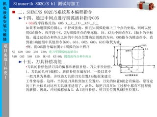 机
电
设
备
安
装
与
维
修
项
目
实
战
|
补
充
1
Sinumerik 802C/S bl 测试与加工
 二、SIEMENS 802C/S系统基本编程指令
十四、通过中间点进行圆弧插补指令G05
• G05程序段格式为：G05 X＿Z＿IX=＿KZ=＿F＿
如果不知道圆弧的圆心、半径或张角，但已知圆弧轮廓上三个点的坐标，则可以使
用G05指令。程序段中X、Z为圆弧终点的坐标值，IK、KZ为中间点在X、Z轴上的坐标
值，通过起始点和终点之间的中间点位置确定圆弧的方向。G05指令为模态指令，直
到被G功能组中其他指令(G00、G01、G02、G03、G33)取代为止。
•例：用G05指令编制图4-3圆弧的加上程序
N5 G90 G00 X40 Z30；进刀至圆弧的起始点A
N10 G05 X40 Z50 IK=45 KZ=40；圆弧的终点和中间点
十五、刀具补偿功能
•刀具的补偿包括刀具的偏移和磨损补偿、刀尖半径补偿。
1．刀具的几何(偏移)、磨损补偿在编程时，一般以其中
一把刀具为基准，并以该刀具的刀尖位置A为依据来建立
工件坐标系。这样，当其他刀具转到加工位置时，刀尖的位置B就会有偏差，原设定
的工件坐标系对这些刀具就不适用了。此外，每把刀具在加工过程中都有不同程度
的磨损。因此，应对偏移值Δ X、Δ Z进行补偿，使刀尖位置从B移至位置A。
 