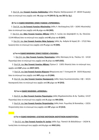 3. Στο Ε.Κ. του Γενικού Λυκείου Καλλίπολης (οδός Μαρίας Χατζηκυριακού 27- 18539 Πειραιάς)
όσοι το επώνυμό τους αρχίζει από ΝΙ μέχρι και Ψ (295 Ελ. Σχ. και 265 Γρ. Σχ.).
β) Για το ΕΙΔΙΚΟ ΜΑΘΗΜΑ ΞΕΝΗΣ ΓΛΩΣΣΑΣ «ΓΕΡΜΑΝΙΚΑ»
1. Στο Ε.Κ. του 5ο Γενικού Λυκείου Ηλιούπολης (οδός Λ. Βουλιαγμένης 525 – 16341 Ηλιούπολη)
όσοι το επώνυμό τους αρχίζει από Α μέχρι και ΚΑ (302).
2. Στο Ε.Κ. του 18ου Γενικού Λυκείου Αθήνας (οδός Λ. Ιωνίας και Δαίρπφελδ 11, Αγ. Ελεούσα-
11144 Αθήνα) όσοι το επώνυμό τους αρχίζει από ΚΕ μέxρι και Ο (267).
3. Στο Ε.Κ. του 1ου Γενικού Λυκείου Νέας Σμύρνης (οδός Αγ. Ανδρέα & Κοραή 20 – 17122 Νέα
Σμύρνη) όσοι το επώνυμό τους αρχίζει από Π μέχρι και Ψ (304).
γ) Για το ΕΙΔΙΚΟ ΜΑΘΗΜΑ ΞΕΝΗΣ ΓΛΩΣΣΑΣ «ΓΑΛΛΙΚΑ»
1. Στο Ε.Κ. του 3ου Γενικού Λυκείου Περιστερίου (οδός Κλείτορος & Αγ. Παύλου 53 - 12132
Περιστέρι) όσοι το επώνυμό τους αρχίζει από Α μέxρι και ΚΑΠ (332).
2. Στο Ε.Κ. του 9ου Γενικού Λυκείου Αθήνας (Τρώων 2- 11851 Θησείο) όσοι το επώνυμό τους
αρχίζει από ΚΑΡ μέxρι και ΜΟΥ (347).
3. Στο Ε.Κ. του 1ου Γενικού Λυκείου Βύρωνα (Φορμίωνος και Γ. Γεννηματά 34- 16231 Βύρωνας)
όσοι το επώνυμό τους αρχίζει από ΜΠ μέχρι και ΣΙ (284).
4. Στο Ε.Κ. του 1ου Γενικού Λυκείου Καισαριανής (οδός Ηρώς Κωνσταντοπούλου 13β – 16121
Καισαριανή) όσοι το επώνυμό τους αρχίζει από ΣΚ μέχρι και Ψ (253).
δ) Για το ΕΙΔΙΚΟ ΜΑΘΗΜΑ «ΑΡΜΟΝΙΑ»
1. Στο Ε.Κ. του 8ου Γενικού Λυκείου Περιστερίου (οδός Μιχαλακοπούλου & Αγ. Τριάδος- 12137
Περιστέρι) όσοι το επώνυμό τους αρχίζει από Α μέχρι και MΑ (333).
2. Στο Ε.Κ. του 1ου Γενικού Λυκείου Πετρούπολης (οδός Ανατ. Ρωμυλίας & Θεσσαλίας – 13231
Πετρούπολη) όσοι το επώνυμό τους αρχίζει από ΜΓ μέχρι και Ψ (313).
ε) Για το ΕΙΔΙΚΟ ΜΑΘΗΜΑ «ΕΛΕΓΧΟΣ ΜΟΥΣΙΚΩΝ ΑΚΟΥΣΤΙΚΩΝ ΙΚΑΝΟΤΗΤΩΝ»
1. Στο Ε.Κ. του 5ου Γενικού Λυκείου Ν. Ιωνίας (οδός Εμμ. Παππά 6 & Φιλελλήνων – 14234 Ν.
Ιωνία) όσοι το επώνυμό τους αρχίζει από Α μέχρι και ΜΑΖ (291).
3
 
