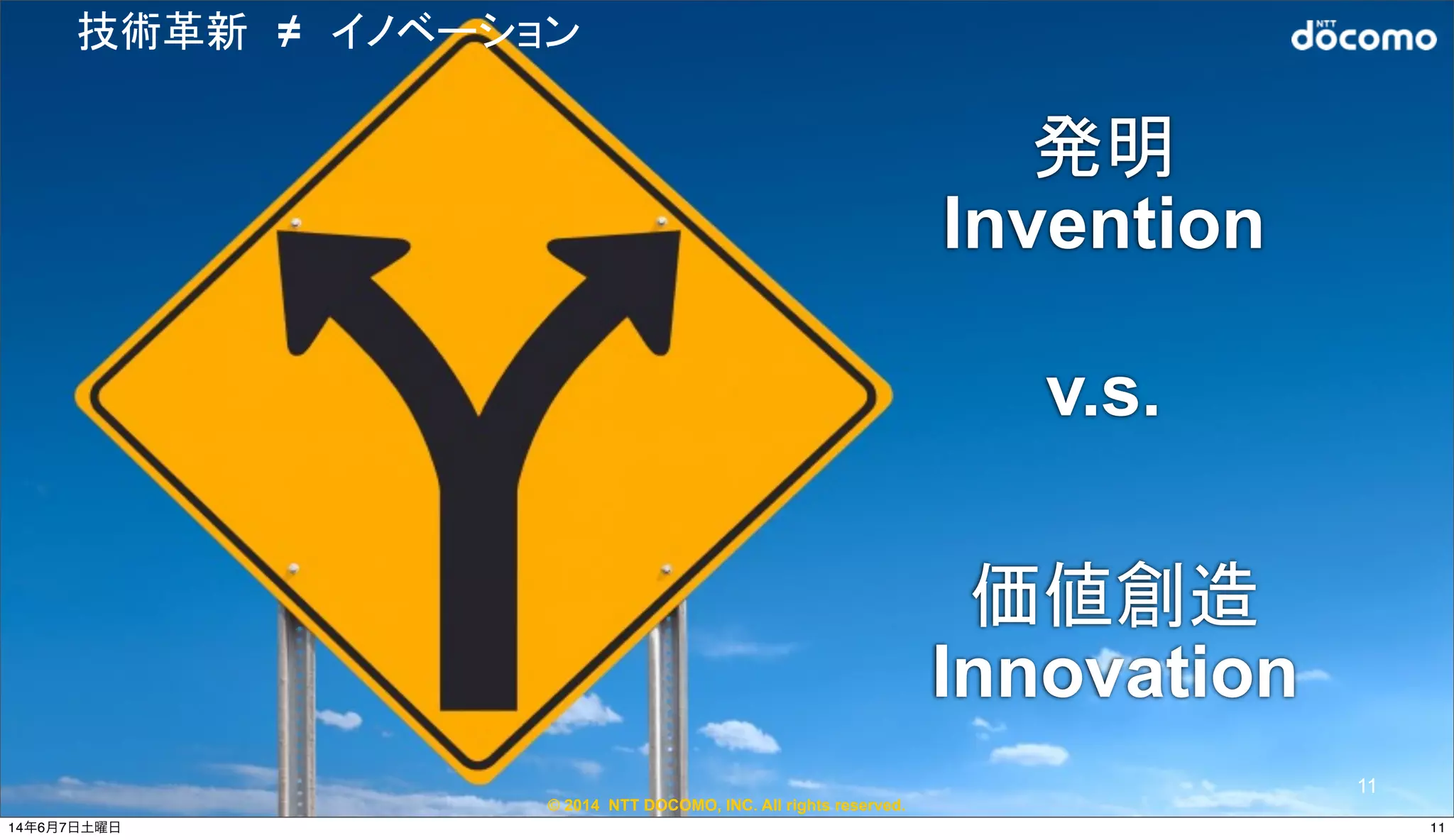 © 2014 NTT DOCOMO, INC. All rights reserved.
技術革新　≠　イノベーション
発明
Invention
価値創造
Innovation
v.s.
11
1114年6月7日土曜日
 