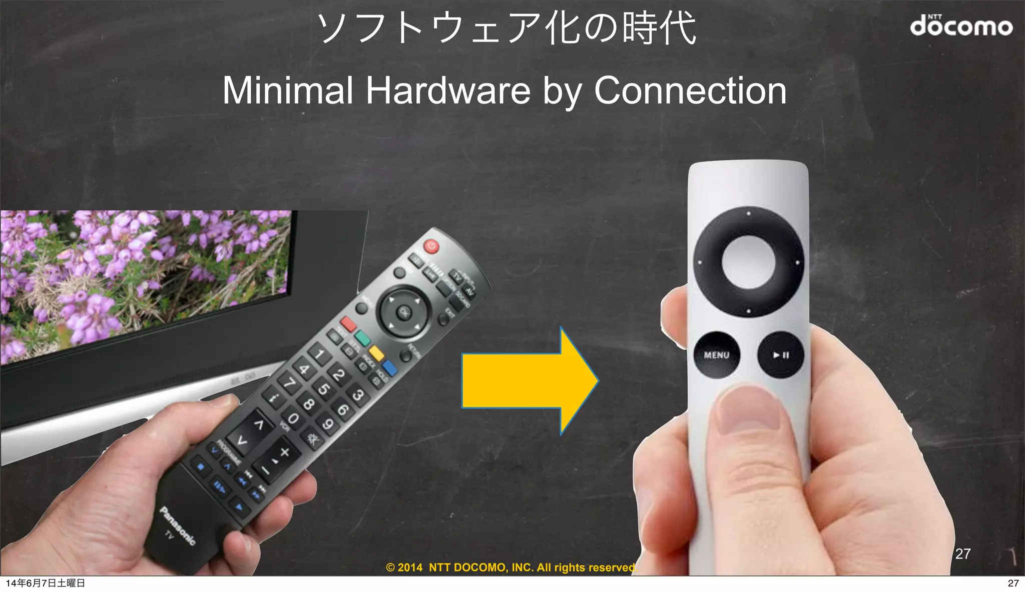 © 2014 NTT DOCOMO, INC. All rights reserved.
27
ソフトウェア化の時代
Minimal Hardware by Connection
2714年6月7日土曜日
 