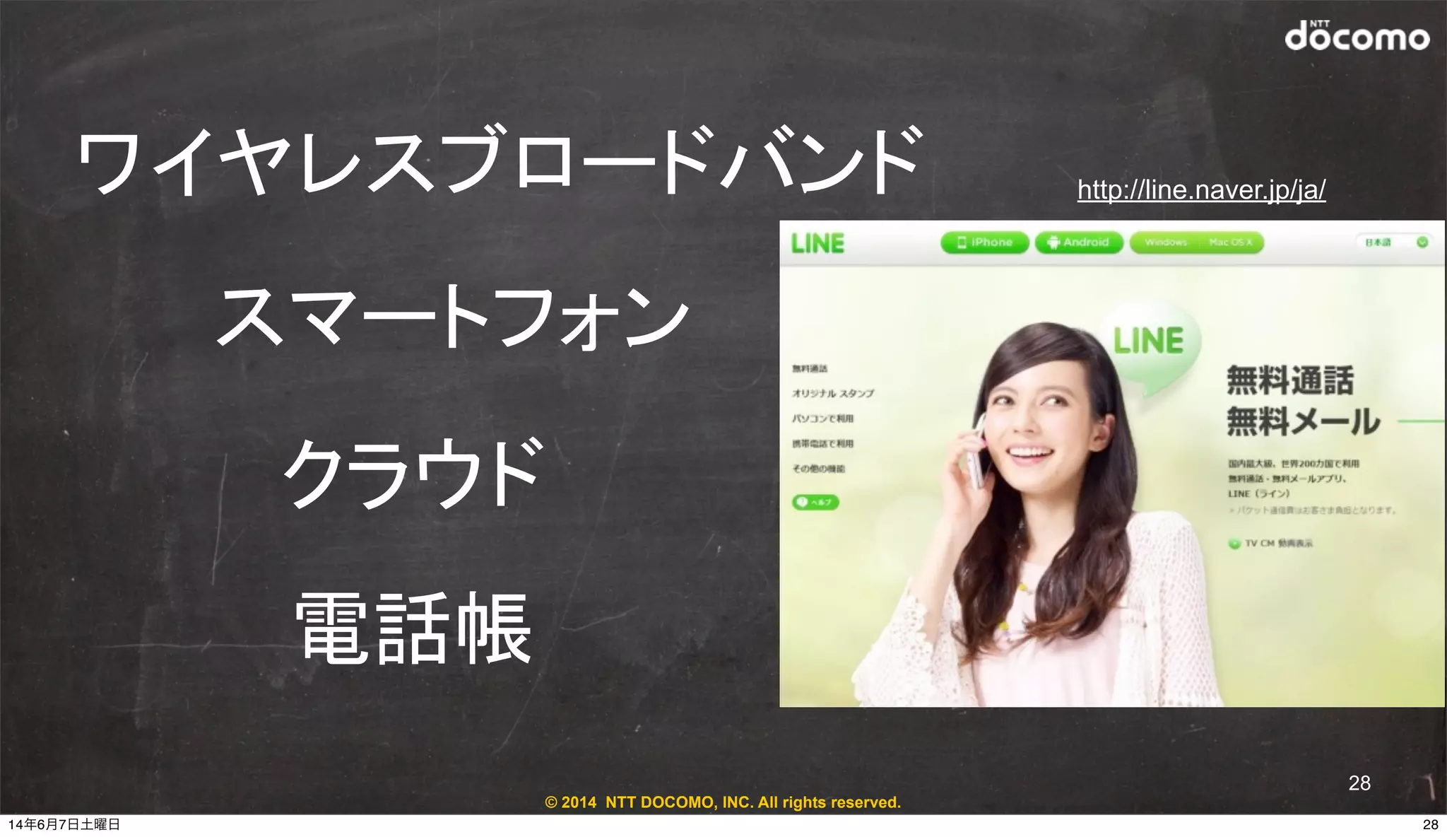 © 2014 NTT DOCOMO, INC. All rights reserved.
28
ワイヤレスブロードバンド
スマートフォン
クラウド
電話帳
http://line.naver.jp/ja/
2814年6月7日土曜日
 