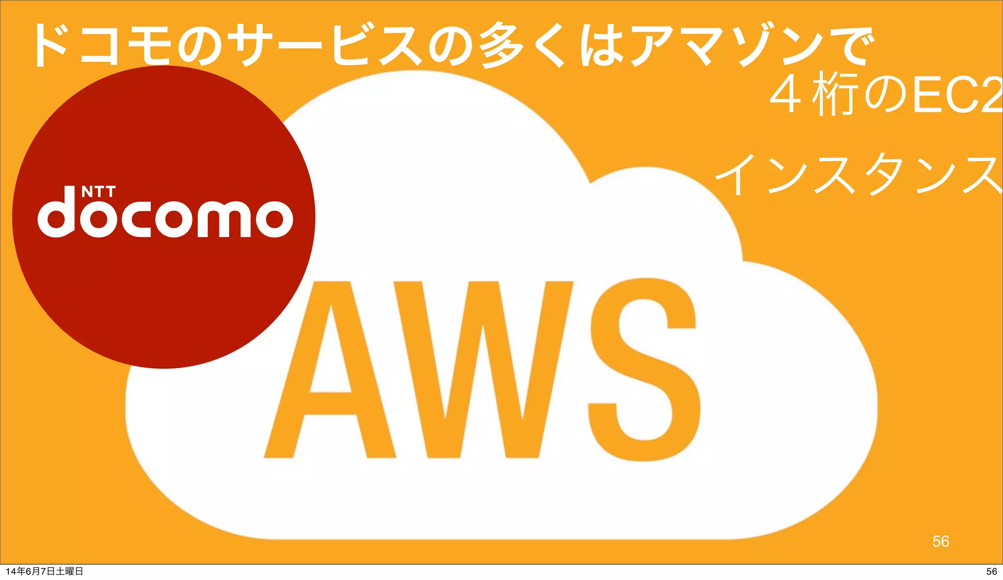 © 2014 NTT DOCOMO, INC. All rights reserved.
ドコモのサービスの多くはアマゾンで
４桁のEC2
インスタンス
56
5614年6月7日土曜日
 