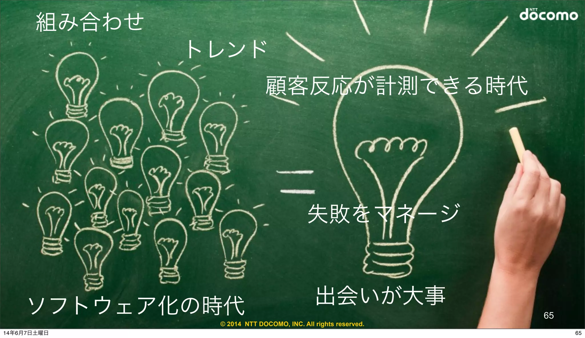 © 2014 NTT DOCOMO, INC. All rights reserved.
65
組み合わせ
トレンド
ソフトウェア化の時代
顧客反応が計測できる時代
失敗をマネージ
出会いが大事
6514年6月7日土曜日
 