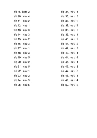 ข้อ 9. ตอบ 2 ข้อ 34. ตอบ 1
ข้อ 10. ตอบ 4 ข้อ 35. ตอบ 5
ข้อ 11. ตอบ 2 ข้อ 36. ตอบ 2
ข้อ 12. ตอบ 1 ข้อ 37. ตอบ 4
ข้อ 13. ตอบ 3 ข้อ 38. ตอบ 2
ข้อ 14. ตอบ 3 ข้อ 39. ตอบ 1
ข้อ 15. ตอบ 2 ข้อ 40. ตอบ 2
ข้อ 16. ตอบ 3 ข้อ 41. ตอบ 2
ข้อ 17. ตอบ 1 ข้อ 42. ตอบ 3
ข้อ 18. ตอบ 3 ข้อ 43. ตอบ 4
ข้อ 19. ตอบ 5 ข้อ 44. ตอบ 4
ข้อ 20. ตอบ 2 ข้อ 45. ตอบ 1
ข้อ 21. ตอบ 5 ข้อ 46. ตอบ 2
ข้อ 22. ตอบ 1 ข้อ 47. ตอบ 3
ข้อ 23. ตอบ 2 ข้อ 48. ตอบ 3
ข้อ 24. ตอบ 3 ข้อ 49. ตอบ 4
ข้อ 25. ตอบ 5 ข้อ 50. ตอบ 2
 