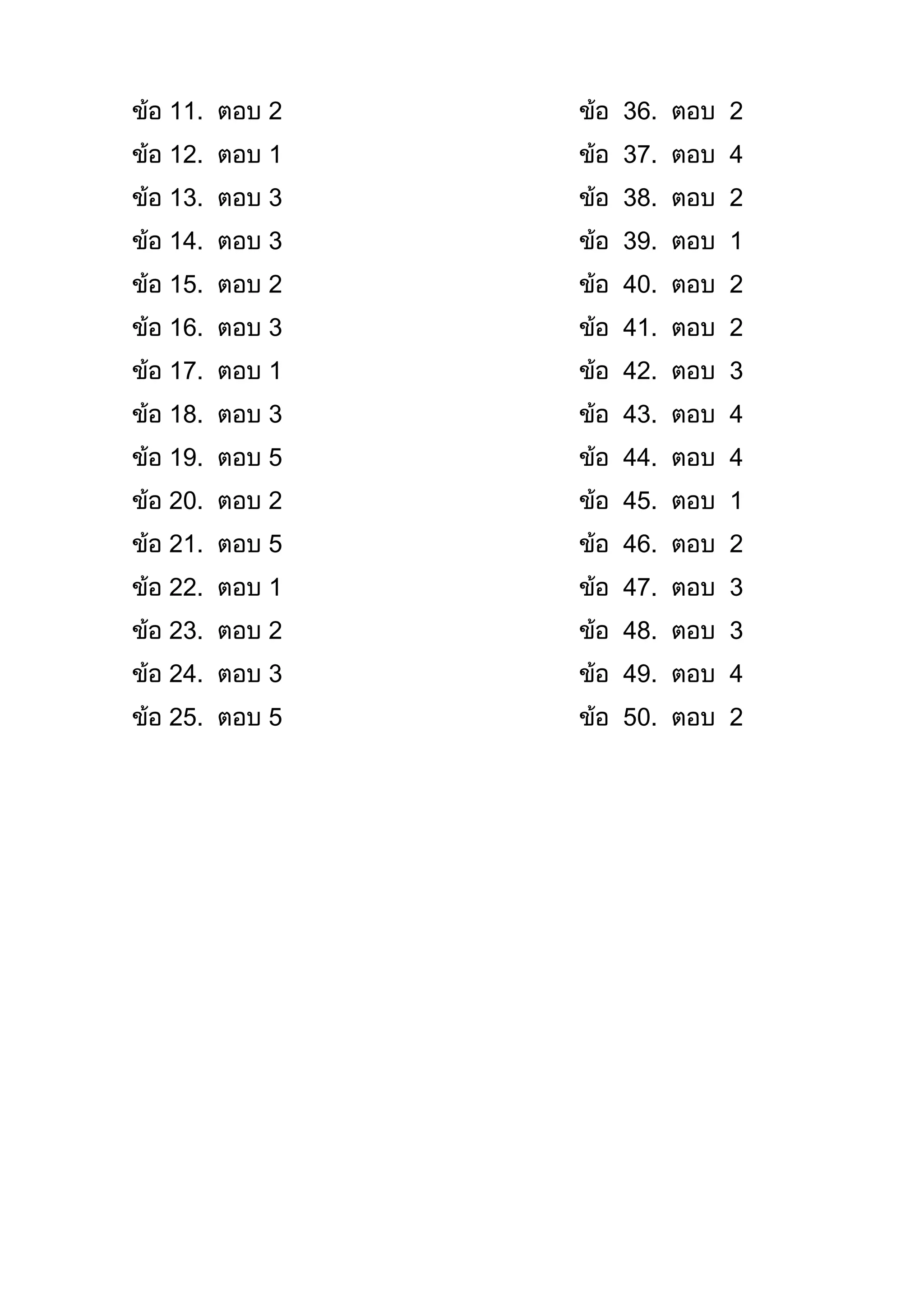 ข้อ 11. ตอบ 2 ข้อ 36. ตอบ 2
ข้อ 12. ตอบ 1 ข้อ 37. ตอบ 4
ข้อ 13. ตอบ 3 ข้อ 38. ตอบ 2
ข้อ 14. ตอบ 3 ข้อ 39. ตอบ 1
ข้อ 15. ตอบ 2 ข้อ 40. ตอบ 2
ข้อ 16. ตอบ 3 ข้อ 41. ตอบ 2
ข้อ 17. ตอบ 1 ข้อ 42. ตอบ 3
ข้อ 18. ตอบ 3 ข้อ 43. ตอบ 4
ข้อ 19. ตอบ 5 ข้อ 44. ตอบ 4
ข้อ 20. ตอบ 2 ข้อ 45. ตอบ 1
ข้อ 21. ตอบ 5 ข้อ 46. ตอบ 2
ข้อ 22. ตอบ 1 ข้อ 47. ตอบ 3
ข้อ 23. ตอบ 2 ข้อ 48. ตอบ 3
ข้อ 24. ตอบ 3 ข้อ 49. ตอบ 4
ข้อ 25. ตอบ 5 ข้อ 50. ตอบ 2
 