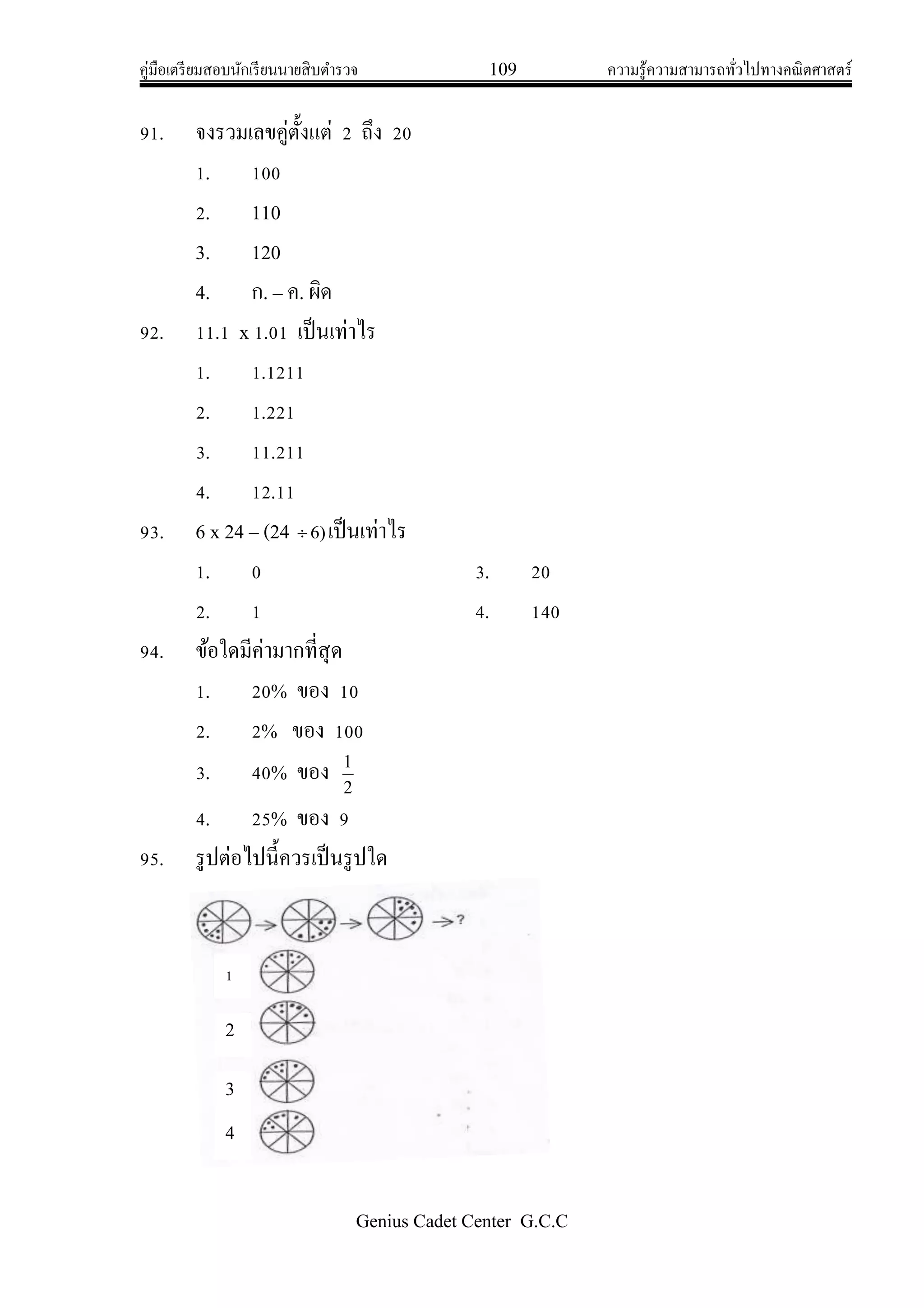 คู่มือเตรียมสอบนักเรียนนายสิบตารวจ 109 ความรู้ความสามารถทั่วไปทางคณิตศาสตร์
Genius Cadet Center G.C.C
91. จงรวมเลขคู่ตั้งแต่ 2 ถึง 20
1. 100
2. 110
3. 120
4. ก. – ค. ผิด
92. 11.1 x 1.01 เป็นเท่าไร
1. 1.1211
2. 1.221
3. 11.211
4. 12.11
93. 6 x 24 – (24 )6 เป็นเท่าไร
1. 0 3. 20
2. 1 4. 140
94. ข้อใดมีค่ามากที่สุด
1. 20% ของ 10
2. 2% ของ 100
3. 40% ของ 2
1
4. 25% ของ 9
95. รูปต่อไปนี้ควรเป็นรูปใด
1
2
3
4
 