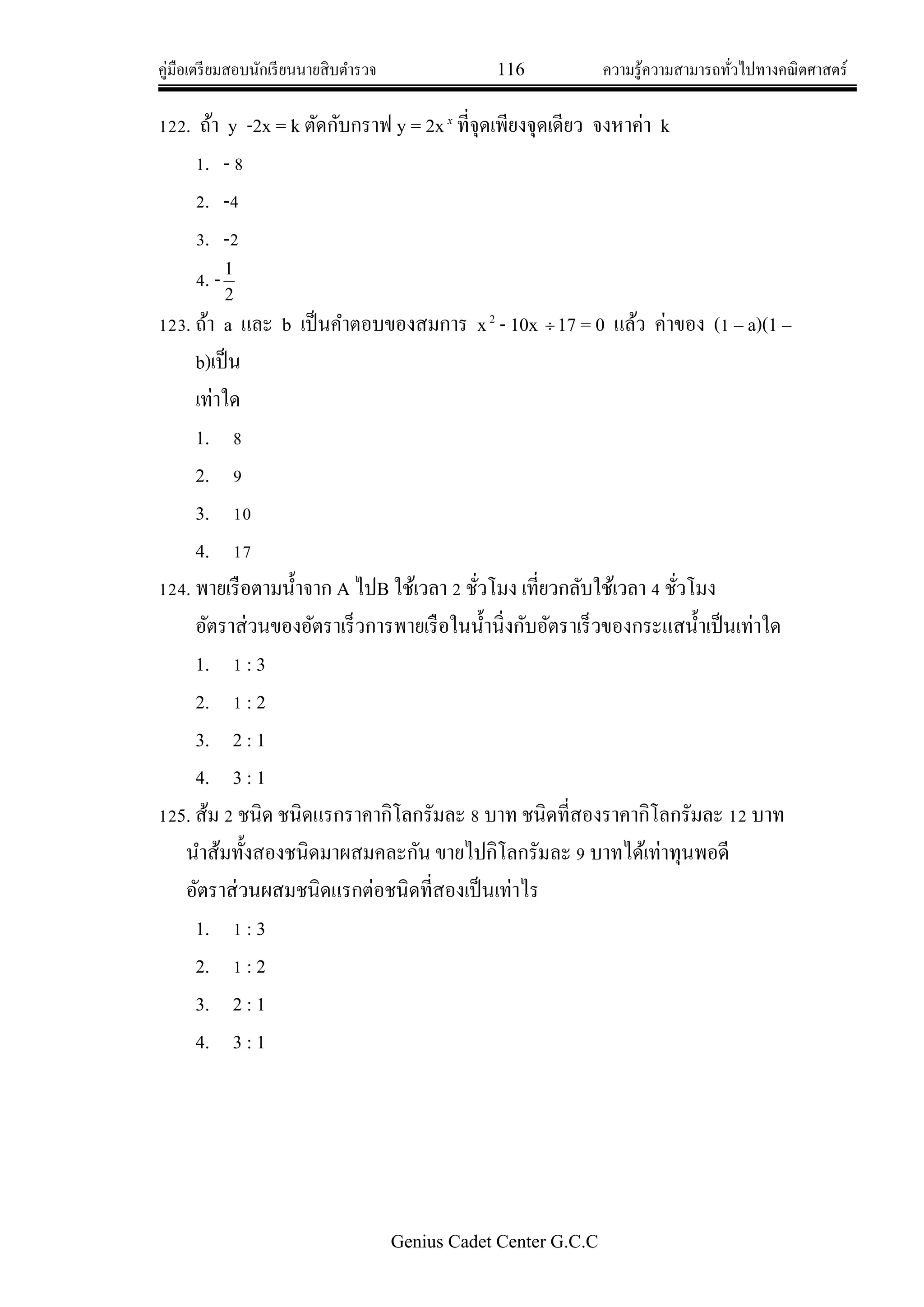 คู่มือเตรียมสอบนักเรียนนายสิบตารวจ 116 ความรู้ความสามารถทั่วไปทางคณิตศาสตร์
Genius Cadet Center G.C.C
122. ถ้า y -2x = k ตัดกับกราฟ y = 2xx
ที่จุดเพียงจุดเดียว จงหาค่า k
1. - 8
2. -4
3. -2
4. -
2
1
123. ถ้า a และ b เป็นคาตอบของสมการ x2
- 10x  17 = 0 แล้ว ค่าของ (1 – a)(1 –
b)เป็น
เท่าใด
1. 8
2. 9
3. 10
4. 17
124. พายเรือตามน้าจาก A ไปB ใช้เวลา 2 ชั่วโมง เที่ยวกลับใช้เวลา 4 ชั่วโมง
อัตราส่วนของอัตราเร็วการพายเรือในน้านิ่งกับอัตราเร็วของกระแสน้าเป็นเท่าใด
1. 1 : 3
2. 1 : 2
3. 2 : 1
4. 3 : 1
125. ส้ม 2 ชนิด ชนิดแรกราคากิโลกรัมละ 8 บาท ชนิดที่สองราคากิโลกรัมละ 12 บาท
นาส้มทั้งสองชนิดมาผสมคละกัน ขายไปกิโลกรัมละ 9 บาทได้เท่าทุนพอดี
อัตราส่วนผสมชนิดแรกต่อชนิดที่สองเป็นเท่าไร
1. 1 : 3
2. 1 : 2
3. 2 : 1
4. 3 : 1
 