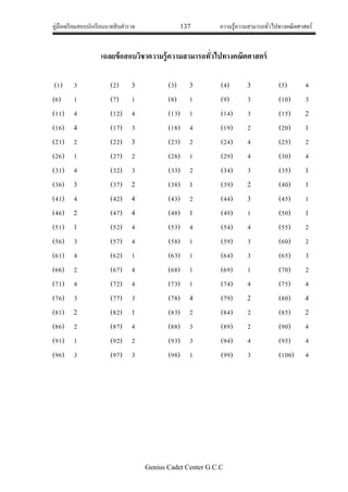 คู่มือเตรียมสอบนักเรียนนายสิบตารวจ 137 ความรู้ความสามารถทั่วไปทางคณิตศาสตร์
Genius Cadet Center G.C.C
เฉลยข้อสอบวิชาความรู้ความสามารถทั่วไปทางคณิตศาสตร์
(1) 3 (2) 3 (3) 3 (4) 3 (5) 4
(6) 1 (7) 1 (8) 1 (9) 3 (10) 3
(11) 4 (12) 4 (13) 1 (14) 3 (15) 2
(16) 4 (17) 3 (18) 4 (19) 2 (20) 1
(21) 2 (22) 3 (23) 2 (24) 4 (25) 2
(26) 1 (27) 2 (28) 1 (29) 4 (30) 4
(31) 4 (32) 3 (33) 2 (34) 3 (35) 1
(36) 3 (37) 2 (38) 1 (39) 2 (40) 1
(41) 4 (42) 4 (43) 2 (44) 3 (45) 1
(46) 2 (47) 4 (48) 1 (49) 1 (50) 1
(51) 1 (52) 4 (53) 4 (54) 4 (55) 2
(56) 3 (57) 4 (58) 1 (59) 3 (60) 2
(61) 4 (62) 1 (63) 1 (64) 3 (65) 3
(66) 2 (67) 4 (68) 1 (69) 1 (70) 2
(71) 4 (72) 4 (73) 1 (74) 4 (75) 4
(76) 3 (77) 3 (78) 4 (79) 2 (80) 4
(81) 2 (82) 1 (83) 2 (84) 2 (85) 2
(86) 2 (87) 4 (88) 3 (89) 2 (90) 4
(91) 1 (92) 2 (93) 3 (94) 4 (95) 4
(96) 3 (97) 3 (98) 1 (99) 3 (100) 4
 