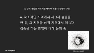 Incourage Inc.
Q. 근데 게임은 국소적인 데이터 흐름이 빈번하자나?
A. 국소적인 지역에서 제 3자 검증을
한 뒤, 그 지역을 상위 지역에서 제 3자
검증을 하는 방법에 대해 논의 중
[Bitcoin node]
 
