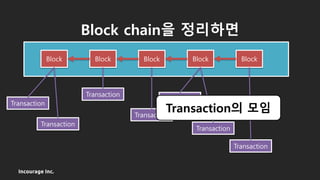 Incourage Inc.
Block chain을 정리하면
Block Block Block Block Block
Transaction
Transaction
Transaction
Transaction
Transaction
Transaction
Transaction
Transaction의 모임
 
