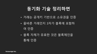 Incourage Inc.
동기화 기술 정리하면
• 거래는 공개키 기반으로 소유권을 인증
• 올바른 거래인지 3자가 블록에 포함하
여 인증
• 블록 자체가 유효한 것은 블록체인을
통해 인증
 