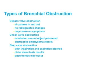 Types of Bronchial Obstruction
Bypass valve obstruction
–air passes in and out
–no radiographic changes
–may cause no symptoms
Check valve obstruction
–exhalation around object prevented
–obstructive emphysema results
Stop valve obstruction
–both inspiration and expiration blocked
–distal atelectosis results
–pneumonitis may occur
 