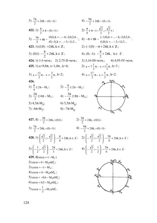 124
3) )1,0(k2
2
7
−−π+
π
; 4) )1,0(k2
2
9
−−π+
π
− .
422. 1) )1,0(
2
−−π±
π
; 2) )
2
2
,
2
2
(
4
−−−π±
π
;
3) −π+
π
− k
2
3
...3,1,1,3...k),1,0(
...4,2,0,2,4...k),1,0(
−−=−
−−=
; 4) −π+π− k
...3,1,1,3...k),0,1(
...4,2,0,2,4...k),0,1(
−−=
−−=−
.
423. 1) Ζ∈π+ k,k2:)0;1( ; 2) Ζ∈π+π−− k,k2:)0;1( ;
3) Ζ∈π+
π
− k,k2
2
:)1;0( ; 4). (0; -1): 2 k, k Z
2
π
− + π ∈ .
424. 1) 1-I-четв.; 2) 2,75-II-четв.; 3) 3,16-III-четв.; 4) 4,95-IV-четв.
425. 1) a=9,8π, x=1,8π , k=4; 2) π=
3
1
7a , π=
3
1
1x , k=3 ;
3) π=
2
11
a , π=
2
3
x , k=2; 4) π=
3
17
a , π=
3
5
x , k=2.
426.
1) 1M2
4
−π±
π
; 2) 2M2
3
−π±
π
− ;
3) 3M6
3
2
−π±
π
; 4) 4M8
4
3
−π±
π
− ;
5) 4,5π-M5
; 6) 5,5π-M6
;
7) –6π-M7
; 8) –7π-M8
.
427. 1) )1;0(,k2
2
3
−π+
π
− ; 2) )1;0(,k2
2
5
−π+
π
;
3) )1;0(,k2
2
7
−−π+
π ; 4) )1;0(,k2
2
9
−−π+
π
− .
428. 1) Zk,k2
4
:
2
2
;
2
2
∈π+
π
−








− ; 2) Zk,k2
4
3
:
2
2
;
2
2
∈π+
π
−








−− ;
3) Zk,k2
3
2
:
2
3
;
2
1
∈π+
π
−








−− ; 4) Zk,k2
6
5
:
2
1
;
2
3
∈π+
π
−








−− .
429. 1) 1M1sin −=α ;
2) 22 MиM0sin ′−=α ;
3) 3M1cos −−=α ;
4) 44 MиM0cos ′−=α ;
5) 55 MиM6,0sin ′−−=α ;
6) 66 MиM5,0sin ′−=α ;
7) 77 MиM,
3
1
cos ′−=α .
www.5balls.ru
 