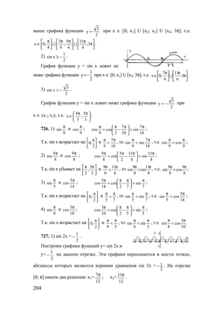 204
выше графика функции
2
2
y = при x ∈ [0; x1] U [x2; x3] U [x4; 3π], т.е.






π
π





 ππ





 π
∈ 3;
4
11
4
9
;
4
3
4
;0x UU .
2)
2
1
xsin −≥ .
График функции y = sin x лежит не
ниже графика функции
2
1
y −= при x ∈ [0; x1] U [x2; 3π], т.е. 





π
π





 π
∈ 3;
6
11
6
7
;0x U .
3)
2
3
xsin −< .
График функции y = sin x лежит ниже графика функции
2
3
y −= при
x ∈ (x1; x2), т.е. 




 ππ
∈
3
5
;
3
4
x .
726. 1)
9
sin
π
и
9
cos
π
;
18
7
sin
18
7
2
cos
9
cos
π
=




 π
−
π
=
π ;
Т.к. sin x возрастает на 




 π
2
;0 и
18
7
9
π
<
π
, то
18
7
sin
9
sin
π
<
π
, т.е.
9
cos
9
sin
π
<
π
;
2)
8
9
sin
π и
8
9
cos
π
;
8
11
sin
8
11
2
5
cos
8
9
cos
π
=




 π
−
π
=
π ;
Т.к. sin x убывает на 




 ππ
2
3
;
2
и
8
11
8
9 π
<
π
, то
8
11
sin
8
9
sin
π
>
π
, т.е.
8
9
cos
8
9
sin
π
>
π
;
3)
5
sin
π
и
14
5
cos
π
;
7
sin
72
cos
14
5
cos
π
=




 π
−
π
=
π ;
Т.к. sin x возрастает на 




 π
2
;0 и
75
π
>
π , то
7
sin
5
sin
π
>
π , т.е.
14
5
cos
5
sin
π
>
π
;
4)
8
sin
π
и
10
3
cos
π
;
5
sin
52
cos
10
3
cos
π
=




 π
−
π
=
π ;
Т.к. sin x возрастает на 




 π
2
;0 и
58
π
<
π , то
5
sin
8
sin
π
<
π , т.е. 3
sin cos .
8 10
π π
<
727. 1) sin 2x =
2
1
− .
Построим графики функций у= sin 2x и
у=
2
1
− на данном отрезке. Эти графики пересекаются в шести точках,
абсциссы которых являются корнями уравнения sin 2x = 1
2
− . На отрезке
[0; π] имеем два решения: х1=
12
7π
; х2=
12
11π
.
х
у
у
www.5balls.ru
 