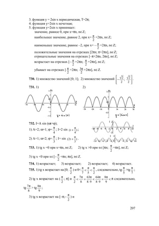 207
I
I
3. функция у = 2sin x периодическая, Т=2π;
4. функция у=2sin x нечетная;
5. функция у=2sin x принимает:
значение, равное 0, при х=πn, n∈Z;
наибольшее значение, равное 2, при х=
2
π +2πn, n∈Z;
наименьшее значение, равное –2, при х= –
2
π +2πn, n∈Z;
положительные значения на отрезках [2πn; π+2πn], n∈Z;
отрицательные значения на отрезках [–π+2πn, 2πn], n∈Z;
возрастает на отрезках [–
2
π +2πn;
2
π +2πn], n∈Z;
убывает на отрезках [
2
π +2πn;
2
3π +2πn], n∈Z.
730. 1) множество значений [0; 1]; 2) множество значений 2 2
;
2 2
 
− 
  
.
731. 1) 2)
732. I=A sin (ωt+ϕ);
1) A=2; ω=1; ϕ=
4
π
; I=2 sin (t )
4
π
+ ;
2) A=1; ω=2; ϕ=
3
π
; I= sin (2t )
3
π
+ .
733. 1) tg x =0 при х=πn, n∈Z; 2) tg x >0 при х∈[πn;
2
π
+πn], n∈Z;
3) tg x <0 при х∈[–
2
π
+πn; πn], n∈Z.
734. 1) возрастает; 3) возрастает; 2) возрастает; 4) возрастает.
735. 1) tg x возрастает на [0;
2
π
) и 0<
257
π
<
π
<
π
, следовательно, tg
5
π
>tg
7
π
;
2) tg x возрастает на (
2
π
; π] и <
π
=
⋅
π
<
⋅
π
=
π
<
π
9
8
98
64
98
63
8
7
2
π следовательно,
tg
8
7π
> tg
9
8π
;
3) tg x возрастает на [–π;–
2
π
) и
www.5balls.ru
 