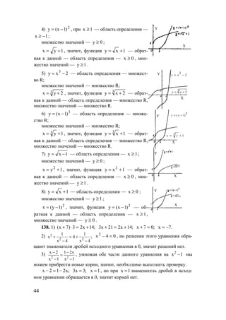 44
4) 2
)1x(y −= , при 1x ≥ — область определения —
1x −≥ ;
множество значений — 0y ≥ ;
1yx += , значит, функция 1xy += — обрат-
ная к данной — область определения — 0x ≥ , мно-
жество значений — 1y ≥ .
Y
X
5) 2xy 3
−= — область определения — множест-
во R;
множество значений — множество R;
3 2yx += , значит, функция 3
2xy += — обрат-
ная к данной — область определения — множество R,
множество значений — множество R.
3
2+= xy
Y
X
2
3
−= xy
6) 3
)1x(y −= — область определения — множе-
ство R;
множество значений — множество R;
1yx 3 += , значит, функция 1xy 3
+= — обрат-
ная к данной — область определения — множество R,
множество значений — множество R.
3
)1( −= xy
13 += yx
X
Y
7) 1xy −= — область определения — 1x ≥ ;
множество значений — 0y ≥ ;
1yx 2
+= , значит, функция 1xy 2
+= — обрат-
ная к данной — область определения — 0x ≥ , мно-
жество значений — 1y ≥ .
Y
X
8) 1xy += — область определения — 0x ≥ ;
множество значений — 1y ≥ ;
2
)1y(x −= , значит, функция 2
)1x(y −= — об-
ратная к данной — область определения — 1x ≥ ,
множество значений — 0y ≥ .
Y
X
138. 1) ;14x23)7x( +=⋅+ ;14x221x3 +=+ ;07x =+ .7x −=
2) ;
4x
1
4
4x
1
x 22
2
−
+=
−
+ 04x2
=− , но решения этого уравнения обра-
щают знаменатели дробей исходного уравнения в 0, значит решений нет.
3)
1x
x21
1x
2x
22
−
−
=
−
−
, умножая обе части данного уравнения на 1x2
− мы
можем прибрести новые корни, значит, необходимо выполнить проверку.
;x212x −=− ;3x3 = 1x = , но при 1x = знаменатель дробей в исход-
ном уравнении обращается в 0, значит корней нет.
www.5balls.ru
 