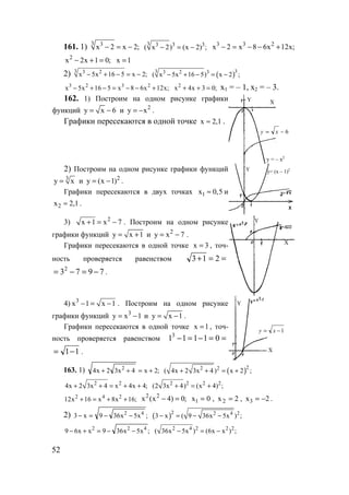 52
161. 1) 3 3
x 2 x 2;− = − 3 3 3 3
( x 2) (x 2) ;− = − ;x12x68x2x 233
+−−=−
2
x 2x 1 0;− + = x 1=
2) 3 3 2
x 5x 16 5 x 2;− + − = − ( )33 3 2 3
( x 5x 16 5) x 2 ;− + − = −
3 2 3 2
x 5x 16 5 x 8 6x 12x;− + − = − − + 2
x 4x 3 0;+ + = х1 = – 1, х2 = – 3.
162. 1) Построим на одном рисунке графики
функций y x 6= − и 2
y x= − .
Графики пересекаются в одной точке x 2,1≈ .
6−= xy
y = – x2
XY
2) Построим на одном рисунке графики функций
3
y x= и 2
y (x 1)= − .
Графики пересекаются в двух точках 1x 0,5≈ и
2x 2,1≈ .
Y y= (x – 1)2
3) 2
x 1 x 7+ = − . Построим на одном рисунке
графики функций y x 1= + и 2
y x 7= − .
Графики пересекаются в одной точке x 3= , точ-
ность проверяется равенством ==+ 213
79732
−=−= .
Y
X
4) 3
x 1 x 1− = − . Построим на одном рисунке
графики функций 3
y x 1= − и y x 1= − .
Графики пересекаются в одной точке x 1= , точ-
ность проверяется равенством ==−=− 011113
11−= .
Y
1−= xy
X
163. 1) ;2x4x32x4 2
+=++ ( )22 2
( 4x 2 3x 4 ) x 2 ;+ + = +
2 2
4x 2 3x 4 x 4x 4;+ + = + + 2 2 2 2
(2 3x 4) (x 4) ;+ = +
2 4 2
12x 16 x 8x 16;+ = + +
2 2
x (x 4) 0;− = 0x1 = , 2x2 = , 2x3 −= .
2) ;x5x369x3 42
−−=− ( )2 2 4 2
3 x ( 9 36x 5x ) ;− = − −
;x5x369xx69 422
−−=+− 2 4 2 2 2
( 36x 5x ) (6x x ) ;− = −
www.5balls.ru
 