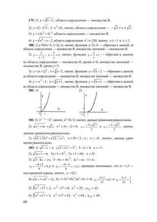 60
179. 1) 3
x1y −= ; область определения — множество R.
2)
3
52
y (2 x )= − ; 0x2 2
≥− , значит, область определения — 2x2 ≤≤− .
3) 2 2
y (3x 1)−
= + ;область определения — множество R.
4) 2xxy 2
−−= ;область определения: x2
–x–2≥0, значит, 1x −≤ и 2x ≥ .
180. 1) y=0,6x+3; x=2y–6, значит, функция y=2x–6 — обратная к данной, ее
область определения — множество R, множество значений — множество R.
2)
3x
2
y
−
= ; 3
y
2
x += , значит, функция 3
x
2
y += — обратная к данной,
ее область определения — множество R, кроме x=0, множество значений —
множество R, кроме y=3.
3) 2
)2x(y += ; 2yx 3 −= , значит, функция 2xy 3
−= — обратная к данной,
ее область определения — множество R, множество значений — множество R.
4) 1xy 3
−= ; 3 1yx += , значит, функция 3
1xy += — обратная к данной,
ее область определения — множество R, множество значений — множество R.
181. 1) 2)
Y
X
Y
X
182. 1)
2
x 3x
2 +
=22
, значит, х2
+3х=2, значит, данные уравнения равносильны.
2) ;2x3x2
=+ ;02x3x2
=−+
2
173
x
+−
= и
2
173
x
−−
= , значит,
данные уравнения равносильны.
3) 3 333
( x 18) ( 2 x ) ;+ = − x218x −=+ ; 8x −= , значит, данные урав-
нения равносильны.
183. 1) ;2x3 =− 2 2
( 3 x) 2 ;− = ;4x3 =− 1x −= .
2) ;81x3 =+ ;81x3 2
=+ ;641x3 =+ 21x = .
3) ;x2x43 =− ;x4x43 2
=− 03x4x4 2
=−+ ;
1
4 8
x 0,5
8
− +
= = и 2
4 8
x 1,5
8
− −
= = − , проверка показывает, что х=–1,5 —
посторонний корень, значит, 5,0x = .
4) ;x3x31x5 2
=+− 5x–1+3x2
=9x2
; 6x2
–5x+1=0; 1
5 1
x 0,5
12
+
= = и 2
5 1 1
x
12 3
−
= = .
5) ;217x
3 2
=− ;817x2
=− 25x2
= ; 1,2x 5= ± .
6) ;317x
4 2
=+ ;8117x2
=+ 64x2
= ; 1,2x 8= ± .
www.5balls.ru
 