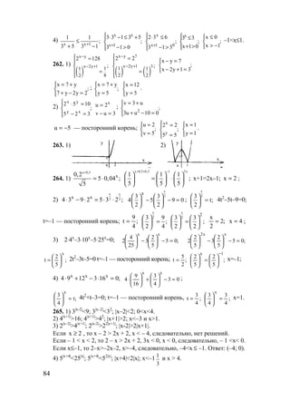 84
4) ;
13
1
53
1
1xx
−
≤
+ +
;
013
53133
1x
xx




>−
+≤−⋅
+
;
313
632
01x
x




>−
≤⋅
+
;
01x
33x




>+
≤
;
1x
0x



−>
≤
–1<x≤1.
262. 1)
( )
x y
x 2y 1
11
82
2 128
;
−
− +
 =


=
 ( ) ( )
x y 7
x 2y 1 3
1 1
2 2
2 2
;
−
− +
 =


=

;
31y2x
7yx



=+−
=−
;
2y2y7
y7x



=−+
+=
; ;
5y
y7x



=
+=



=
=
5y
12x
.
2) ;
325
1052
xy
yx




=−
=⋅
3uv
2u x
=−
= ; ;
010uu3
u3v
2




=−+
+=
5u −= — посторонний корень; ;
5v
2u



=
=
;
55
22
y
x




=
=



=
=
1y
1x
.
263. 1) 2)
264. 1)
x 0,5
x0,2
5 0,04 ;
5
+
= ⋅
x 0,5 0,5 1 2x
1 1 1
;
5 5 5
+ + −
     
= ⋅     
     
х+1=2х–1; 2x = ;
2)
x x
2 2x x
4 3 9 2 5 3 2 ;⋅ − ⋅ = ⋅ ⋅
x
2
x
3 3
4 5 9 0
2 2
   
− − =   
   
;
x
23
t;
2
 
= 
 
4t2
–5t–9=0;
t=–1 — посторонний корень; ;
4
9
t =
x
23 9
;
2 4
 
= 
 
x
2
2
3 3
;
2 2
   
=   
   
;2
2
x
= 4x = ;
3) 2⋅4x
–3⋅10x
–5⋅25x
=0; ;05
5
2
3
25
4
2
xx
=−





−





;05
5
2
3
5
2
2
xx2
=−





−





;
5
2
t
x






= 2t2
–3t–5=0 t=–1 — посторонний корень; ;
2
5
t = ;
5
2
5
2
1x −






=




 x=–1;
4) ;01631294 xxx
=⋅−+⋅ 03
4
3
16
9
4
xx
=−





+





⋅ ;
;t
4
3
x
=




 4t2
+t–3=0; t=–1 — посторонний корень, ;
4
3
t = ;
4
3
4
3
x
=




 x=1.
265. 1) 3|x-2|
<9; 3|x–2|
<32
; |x–2|<2; 0<x<4.
2) 4|x+1|
>16; 4|x+1|
>42
; |x+1|>2; x<–3 и x>1.
3) 2|x–2|
>4|x+1|
; 2|x-2|
>22|x+1|
; |x-2|>2|x+1|.
Если x 2≥ , то x – 2 > 2x + 2, x < – 4, следовательно, нет решений.
Если – 1 < x < 2, то 2 – x > 2x + 2, 3x < 0, x < 0, следовательно, – 1 <x< 0.
Если x≤–1, то 2–x>–2x–2, x>–4, следовательно, –4<x ≤ –1. Ответ: (–4; 0).
4) 5|x+4|
<25|x|
; 5|x+4|
<52|x|
; |x+4|<2|x|; x<–1 1
3
и x > 4.
yy
хх
www.5balls.ru
 