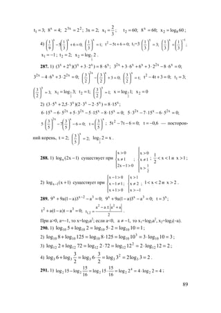 89
1t 3;= ;48x
= ;22 2x3
= ;2x3 = 1
2
x
3
= ; 2t 60;= ;608x
= 2 8x log 60= ;
4) ;06
3
1
5
9
1
xx
=+





−





;t
3
1
x
=




 ;06t5t2
=+− t1=3 ;3
3
1
x
=





;
3
1
3
1
1x −






=





1x 1= − ; 2t 2;= 1
3
2x log 2= .
287. 1) ;68)233)(23( xxxxx
⋅=⋅++ ;068236633 xx2xxx2
=⋅−⋅++⋅+
;023643 x2xx2
=⋅+⋅− ;03
2
3
2
3
xx2
=+





−





;t
2
3
x
=




 ;03t4t2
=+− 1t 3;=
;3
2
3
x
=





3
2
1x log 3;= 2t 1;= ;1
2
3
x
=





3
2
x log 1;= 2x 0=
2) ;158)5232)(35,253( xxxxx
⋅=⋅−⋅⋅+⋅
;01581553556156 xxx2x2x
=⋅−⋅−⋅+⋅−⋅ ;05615735 x2xx2
=⋅−⋅−⋅
;06
5
3
7
5
3
5
xx2
=−





−





⋅
x
5
3
t 





= ; ;06t7t5 2
=−− 6,0t −= — посторон-
ний корень, ;2t = ;2
5
3
x
=





3
5
log 2 x= .
288. 1) xlog (2x 1)− существует при
x 0
x 1 ;
2x 1 0
>

≠
 − > 1
2
x 0
x 1
x

>

≠

>

;
1
x 1
2
< < и x 1> ;
2) x 1log (x 1)− + существует при
x 1 0
x 1 1;
x 1 0
− >

− ≠
 + >
x 1
x 2 ;
x 1
>

≠
 > −
1 x 2< < и x 2> .
289. x x 2 3
9 9a(1 a)3 a 0;−
+ − − = x x 3
9 9a(1 a)3 a 0;+ − − = x
t 3 ;=
2 3
t a(1 a)t a 0;+ − − =
2 2
1,2
a a a a
t
2
− ± +
= .
При a>0, a=–1, то x=log3a2
; если a<0, a 1,≠ − то x1=log3a2
, x2=log3(–a).
290. 1) 110log25log2log5log 10101010 ==⋅=+ ;
2) 310log310log1258log125log8log 10
3
10101010 =⋅==⋅=+ ;
3) 212log212log722log72log2log 12
2
12121212 =⋅==⋅=+ ;
4) 23log23log
2
3
6log
2
3
log6log 3
2
3333 ===⋅=+ .
291. 1) 42log42log
16
15
15log
16
15
log15log 2
4
2222 =⋅==⋅=− ;
www.5balls.ru
 