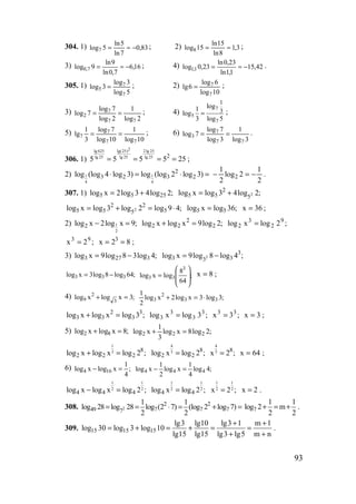 93
304. 1) 83,0
7ln
5ln
5log7 −≈= ; 2) 3,1
8ln
15ln
15log8 ≈= ;
3) 16,6
7,0ln
9ln
9log 7,0 −≈= ; 4) 42,15
1,1ln
23,0ln
23,0log 1,1 −≈= .
305. 1)
5log
3log
3log
7
7
5 = ; 2)
10log
6log
6lg
7
7= ;
3)
2log
1
2log
7log
7log
77
7
2 == ; 4)
7
5
7
1
3
log1
log
3 log 5
= ;
5)
10log
1
10log
7log
3
1
lg
77
7
7 == ; 6)
3log
1
3log
7log
7log
77
7
3 == .
306. 1)
2lg 625 lg(25) 2lg 25
lg 25 lg 25 lg 25 2
5 5 5 5 25= = = = ;
2) 1 1
4 4
2
3 2 3 2log (log 4 log 3) log (log 2 log 3)⋅ = ⋅ =
2
1
2log
2
1
2 −=− .
307. 1) ;2log43log2xlog 2555 += ;2log43logxlog 2
5
2
55 +=
;49log2log3logxlog 5
2
5
2
55 2 ⋅=+= ;36logxlog 55 = 36x = ;
2) 1
2
2log x 2log x 9;− = ;2log9xlogxlog 2
2
22 =+ ;2logxlog 9
2
3
2 =
;2x 93
= 82x 3
== ;
3) ;4log38log9xlog 3273 −= ;4log8log9xlog 3
333 3 −=
;64log8log3xlog 333 −= ;
64
8
logxlog
3
33 







= 8x = ;
4) ;3xlogxlog 3
2
9 =+ ;3log3xlog2xlog
2
1
33
2
3 ⋅=+
;3logxlogxlog 3
3
2
33 =+ ;3logxlog 3
3
3
3 = ;3x 33
= 3x = ;
5) ;8xlogxlog 82 =+ ;2log8xlog
3
1
xlog 222 =+
1
3 8
2 2 2log x log x log 2 ;+ =
4
3 8
2 2log x log 2 ;=
4
3 8
x 2 ;= 64x = ;
6) 4 16
1
log x log x ;
4
− = 4 4 4
1 1
log x log x log 4;
2 4
− =
1 1
2 2
4 4 4log x log x log 2 ;− =
1 1
2 2
4 4log x log 2 ;=
1 1
2 2x 2 ;= x 2= .
308. 2
2 2
49 7 7 77
1 1
log 28 log 28 log (2 7) (log 2 log 7)
2 2
= = ⋅ = + = 7
1 1
log 2 m
2 2
+ = + .
309. 15 15 15
lg3 lg10 lg3 1 m 1
log 30 log 3 log 10
lg15 lg15 lg3 lg5 m n
+ +
= + = + = =
+ +
.
www.5balls.ru
 