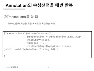32
Annotation의 속성선언을 매번 반복
@Transactional(value="account",
propagation = Propagation.REQUIRED,
readOnly=false,
timeout = 3,
rollbackFor=Exception.class)
public void deleteUser(String id) {
…
}
@Transactional을 쓸 때
Timeout등의 속성을 모든 메서드에 지정하는 사례
 