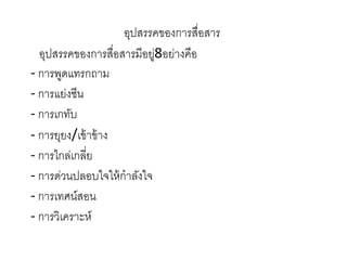 อุปสรรคของการสื่อสาร
อุปสรรคของการสื่อสารมีอยู่8อย่างคือ
- การพูดแทรกถาม
- การแย่งซีน
- การเกทับ
- การยุยง/เข้าข้าง
- การไกล่เกลี่ย
- การด่วนปลอบใจให้กาลังใจ
- การเทศน์สอน
- การวิเคราะห์
 
