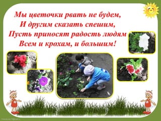 FokinaLida.75@mail.ru
Мы цветочки рвать не будем,
И другим сказать спешим,
Пусть приносят радость людям
Всем и крохам, и большим!
 