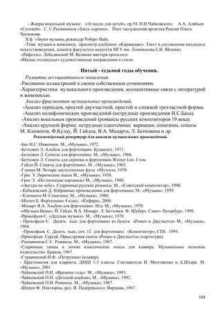 104
- Жанры вокальной музыки: «16 песен для детей», op.54. П.И.Чайковского. А.А. Алябьев
«Соловей». С. С.Рахманинов «Здесь хорошо». Поет заслуженная артистка России Ольга
Чеснокова.
Х/ф «Звуки музыки, режиссер Роберт Вайс.
-Тема музыки в живописи, просмотр альбомов: «Караваджо». Текст и составление кандидата
искусствоведения, доцента факультета искусств МГУ им. Ломоносова Е.В. Яйленко.
«Рафаэль». Лебедянский М. Великие мастера прошлого.
«Малые голландцы» художественные направления и стили.
Пятый - седьмой годы обучения.
Развитие ассоциативного мышления.
-Рисование иллюстраций к своим собственным сочинениям.
-Характеристика музыкального произведения, ассоциативные связи с литературой
и живописью.
Анализ фрагментов музыкальных произведений.
-Анализ периодов, простой двухчастной, простой и сложной трехчастной формы.
-Анализ полифонических произведений (нетрудные произведения И.С.Баха).
-Анализ вокальных произведений (романсы русских композиторов 19 века).
-Анализ крупной формы: нетрудные однотемные вариации, сонатины, сонаты
М. Клементи, Ф.Кулау, Й. Гайдна, В.А. Моцарта, Л. Бетховена и др.
Рекомендуемый репертуар для анализа музыкальных произведений.
-Бах И.С. Инвенции. М., «Музыка», 1972.
-Бетховен Л. Альбом для фортепиано. Будапешт, 1971.
-Бетховен Л. Сонаты для фортепиано. М., «Музыка», 1966.
-Бетховен Л. Сонаты для скрипки и фортепиано.Weiner Leo. I том.
-Гайдн Й. Сонаты для фортепиано. М., «Музыка», 1965.
-Глинка М. Четыре двухголосные фуги. «Музгиз», 1970.
-Григ Э. Лирические пьесы М., «Музыка», 1958.
-Григ Э. «Поэтические картинки» М., «Музыка», 1980.
-«Звезды на небе». Старинные русские романсы. М., «Советский композитор», 1990.
- Кабалевский Д. Избранные произведения для фортепиано, М., «Музыка», 1959.
- Клементи М. Сонатины. М., «Музыка», 1980.
-Милич Б. Фортепиано 4 класс. «Кифара», 2000.
-Моцарт В.А. Альбом для фортепиано. Изд. М., «Музыка», 1970.
-«Музыка Вены». Й. Гайдн. В.А. Моцарт. Л. Бетховен. Ф. Шуберт. Санкт- Петербург, 1999.
-Прокофьев С. «Детская музыка». М., «Музыка», 1978.
- Прокофьев С. Десять пьес для фортепиано из балета «Ромео и Джульетта» М., «Музыка»,
1964.
-Прокофьев. С. Десять пьес, соч. 12 для фортепиано. «Композитор», СПб. 1993.
-Прокофьев Сергей. Оркестровая сюита «Ромео и Джульетта» (партитура).
-Рахманинов С.С. Романсы. М., «Музыка», 1967.
-Старинные танцы и легкие классические пьесы для клавира. Музыкальное польское
издательство. Краков, 1967.
-Стравинский И.Ф. «Петрушка» (клавир).
- Хрестоматия для кларнета. ДМШ 1-3 классы. Составители И. Мозговенко и А.Штарк. М.
«Музыка», 2001.
-Чайковский П.И. «Времена года». М., «Музыка», 1993.
-Чайковский П.И. «Детский альбом», М., «Музыка», 1992.
-Чайковский П.И. Романсы. М., «Музыка», 1967.
-Шопен Ф. Ноктюрны, ред. И. Падеревского. Варшава, 1967.
 