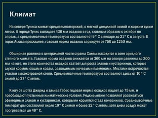 На севере Туниса климат средиземноморский, с мягкой дождливой зимой и жарким сухим
летом. В городе Тунис выпадает 430 мм осадков в год, главным образом с октября по
апрель, а среднемесячные температуры составляют от 9° С в январе до 21° С в августе. В
горах Атласа прохладнее, годовая норма осадков варьирует от 750 до 1250 мм.
Обширная равнина в центральной части страны Сахель находится в зоне аридного
степного климата. Годовая норма осадков снижается от 360 мм на севере равнины до 200
мм на юге, но этого количества осадков хватает для роста злаков и кустарников, которые
служат кормом овцам и козам, разводимым кочевыми племенами. Местами встречаются
участки высокотравной степи. Среднемесячные температуры составляют здесь от 10° С
зимой до 27° С летом.
К югу от шотта Джерид и залива Габес годовая норма осадков падает до 75 мм, и
преобладают пустынные климатические условия. Редкие ливни позволяют развиваться
эфемерным злакам и кустарникам, которыми кормятся стада кочевников. Среднемесячные
температуры составляют около 10° С зимой и более 32° С летом, хотя днем воздух может
прогреваться до 49° С.
 
