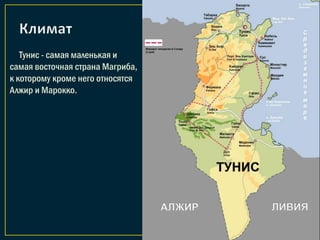 Тунис - самая маленькая и
самая восточная страна Магриба,
к которому кроме него относятся
Алжир и Марокко.
 