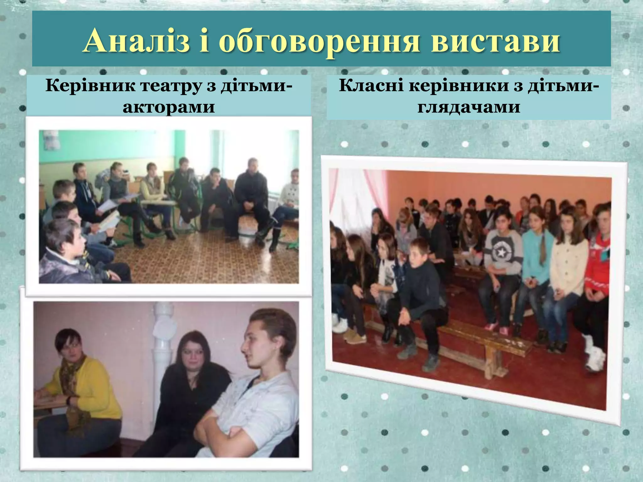 Аналіз і обговорення вистави
Керівник театру з дітьми-
акторами
Класні керівники з дітьми-
глядачами
 