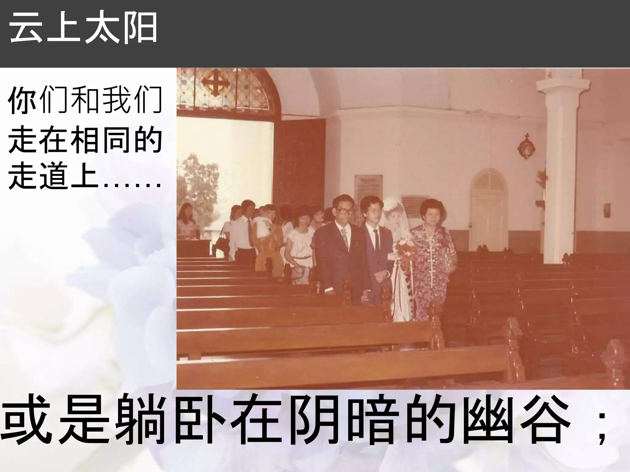 或是躺卧在阴暗的幽谷；
云上太阳
你们和我们
走在相同的
走道上……
 