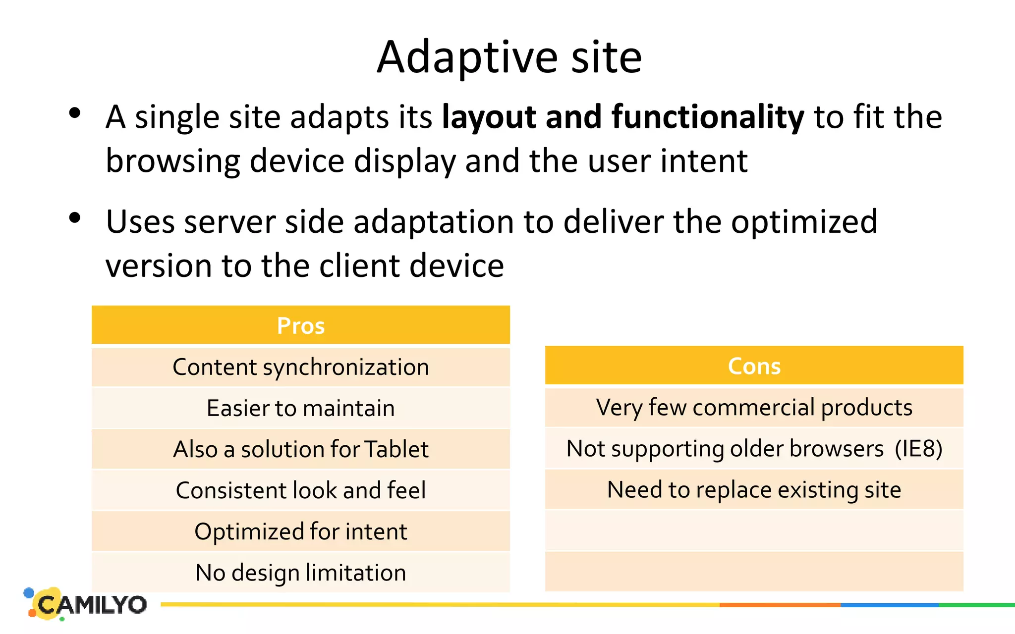 Adaptive site
• A single site adapts its layout and functionality to fit the
browsing device display and the user intent
• Uses server side adaptation to deliver the optimized
version to the client device
Cons
Very few commercial products
Not supporting older browsers (IE8)
Need to replace existing site
Pros
Content synchronization
Easier to maintain
Also a solution forTablet
Consistent look and feel
Optimized for intent
No design limitation
 