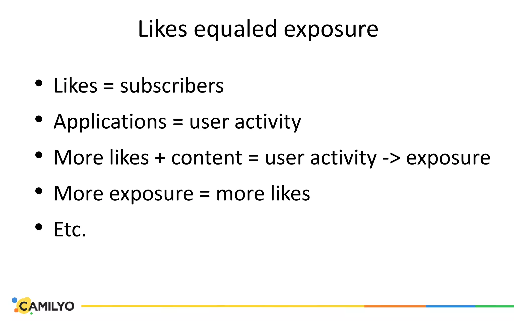 Likes equaled exposure
• Likes = subscribers
• Applications = user activity
• More likes + content = user activity -> exposure
• More exposure = more likes
• Etc.
 