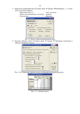 12
5. Побудуємо ранжований ряд (Головне меню  Данные Ранжировать…). У вікні
«Ранги значений» обрати:
«Присвоить ранг 1» наим. значению
«Ранги для совпадающих значений» средний
«Тип рангов» обычный.
Рис. 1.9. Вікно здійснення ранжування ряду
6. Будуємо таблицю частот (Головне меню  Анализ  Основные статистики и
таблицы Таблицы частот)
Рис. 1.10. Розрахунок таблиці частот та побудова гістограма розподілу
Рис. 1.11. Таблиця частот
 
